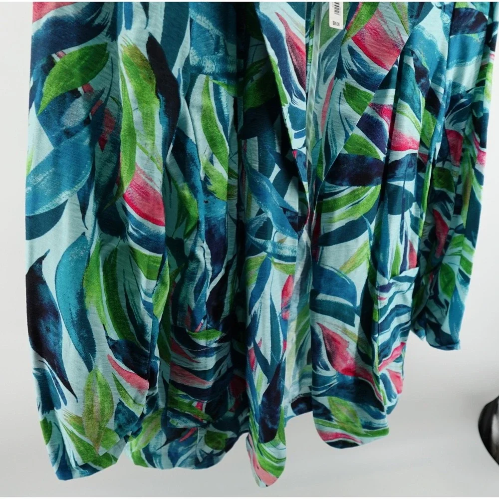 Investments Tropical Leaf Print Open Front Blazer XL Teal‎ Green Pink